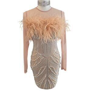 NWT Mesh Embellished Feather Bodycon MINI Dress Sz small
